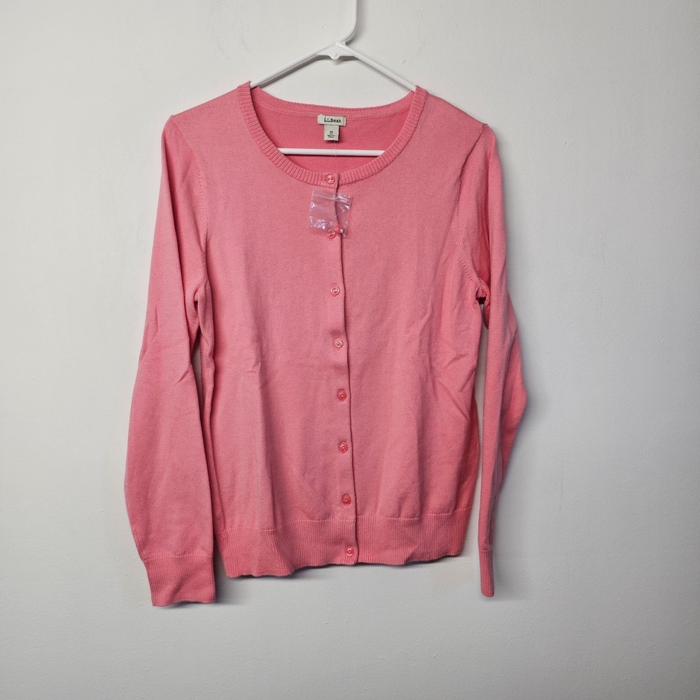 L.L. Bean Womens Medium Pink Suprima Cotton Sweater‎ Cardigan Long Sleeve NWOT